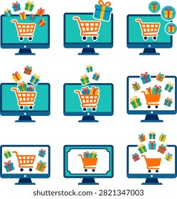 Multiple computer screens show shopping carts overflowing with gift boxes, symbolizing online purchases and e-commerce.