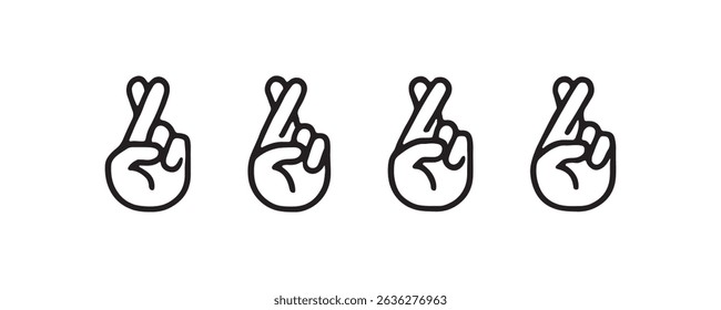 Multiple crossed fingers hand gesture icons in black and white on white background.