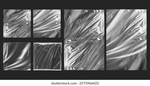 Multiple crumpled transparent plastic sheets are displayed against a dark background, showcasing various textures and reflections. Ideal for design inspiration or backgrounds.