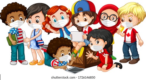 Multiple cultures kids wearing mask illustration