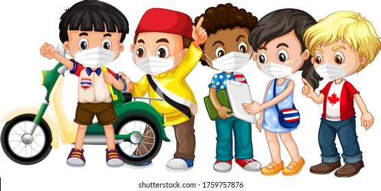 Multiple cultures kids wearing mask illustration