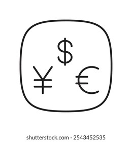 Icono de múltiples monedas con tres símbolos de monedas diferentes para la diversidad
