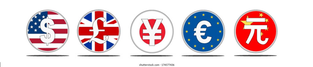 Multiple currencies on transparent button background in eps10 format.