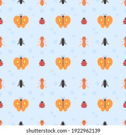 Multiple cute colorful insects on colorful background. Seamless pattern