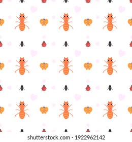 Múltiples insectos adorables y coloridos sobre un fondo colorido. Patrón transparente