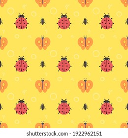 Multiple cute colorful insects on colorful background. Seamless pattern
