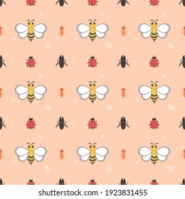 Multiple cute colorful insects on colorful background. Seamless pattern