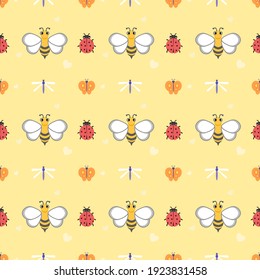 Multiple cute colorful insects on colorful background. Seamless pattern