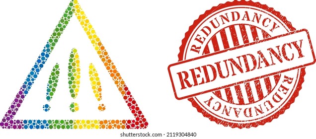 Multiple danger sign composition icon of filled circles in various sizes and spectrum colored shades. Red round scratched seal with Redundancy caption.