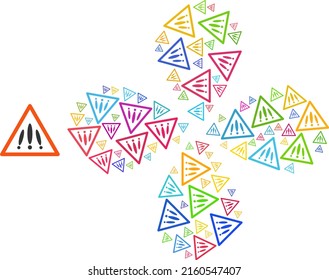 Multiple danger sign icon bright twirl spin composition. Object flower with four petals designed from random multiple danger sign icons. Vector flower icon collage in flat style.