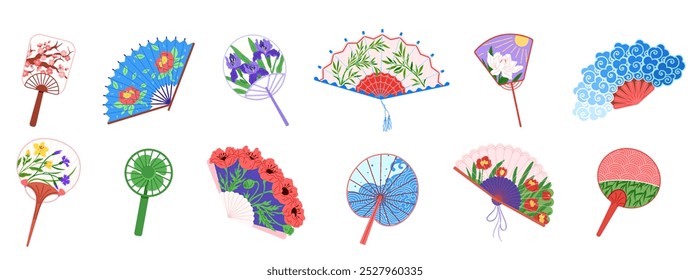 Múltiplos fãs decorativos de mão com diferentes padrões florais e artísticos dispostos em fileiras. Ideal para moda, cultura, decoração, temas sazonais e arte.