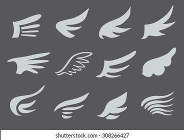 Multiple designs of isolated wing logo in monochromatic grey.