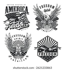 Multiple designs showcase the eagle and American flag emphasizing themes of freedom and patriotism. Each design varies in style and offers a bold visual representation of American spirit.