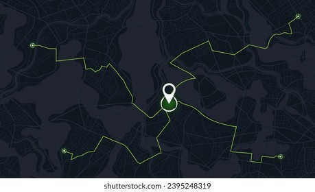 Varios destinos. Mapa GPS. Calle de la ciudad. Resumen del transporte. Vista superior de la ciudad. Fondo vectorial de alta tecnología. datos de distancia de ruta, giros de ruta y ilustración de etiqueta o marca de destino. Resumen