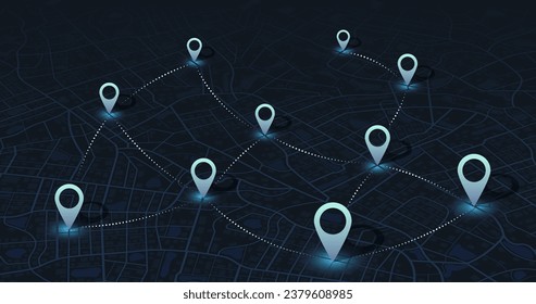 Varios destinos. Mapa de seguimiento de Gps. Rastrear los pines de navegación en los mapas callejeros, navegar por la tecnología de mapeo y localizar el pin de posición. Mapa de gps de viaje futurista o ilustración vectorial de localización