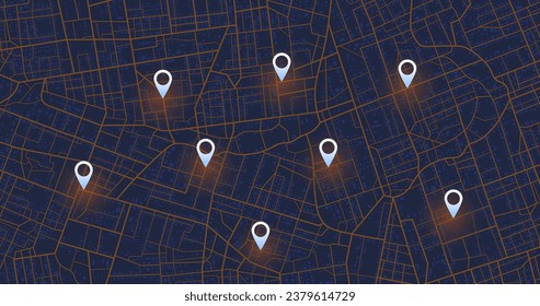 Multiple destinations. Gps tracking map. Track navigation pins on street maps, navigate mapping technology and locate position pin. Futuristic travel gps map or location navigator vector illustration