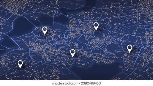 Varios destinos. Mapa de seguimiento de Gps. Rastrear los pines de navegación en los mapas callejeros, navegar por la tecnología de mapeo y localizar el pin de posición. Mapa de gps de viaje futurista o ilustración vectorial de localización