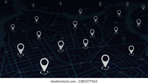 Varios destinos. Mapa de seguimiento de Gps. Rastrear los pines de navegación en los mapas callejeros, navegar por la tecnología de mapeo y localizar el pin de posición. Mapa de gps de viaje futurista o ilustración vectorial de localización