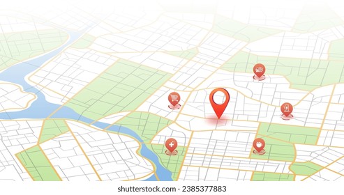 Multiple destinations. Gps tracking map. Track navigation pins on street maps, navigate mapping technology and locate position pin. Futuristic travel gps map or location navigator vector isometric