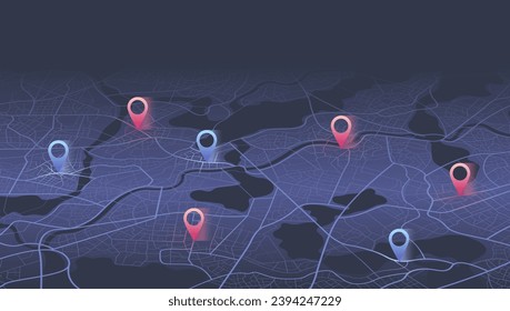 Multiple destinations. Gps tracking map. Track navigation pins on street maps, navigate mapping technology and locate position pin. Futuristic travel gps map or location navigator vector illustration