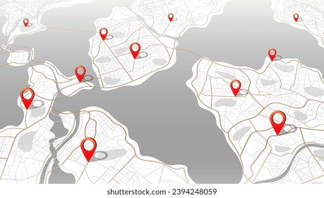 Multiple destinations. Gps tracking map. Track navigation pins on street maps, isometric navigate mapping, locate position pin. Futuristic travel gps map or location navigator vector illustration