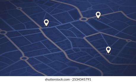 Multiple destinations. Gps tracking map. Track navigation pins on street maps, navigate mapping technology and locate position pin. Futuristic travel gps map or location navigator vector illustration