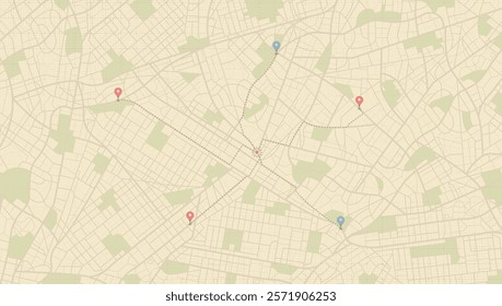 Multiple destinations. Gps tracking map. Track navigation pins on street maps, navigate mapping technology and locate position pin.. Editable vector illustration