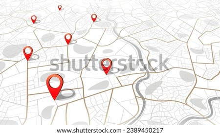 Multiple destinations. Gps tracking map. Track navigation pins on street maps, navigate mapping technology and locate position pin. Futuristic travel gps map or location navigator vector illustration