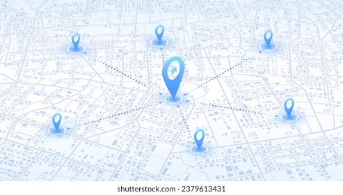 Multiple destinations from home. Gps tracking map. Track navigation pins on street maps, navigate mapping technology and locate position pin. Futuristic travel gps map or location navigator vector