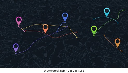 Multiple destinations from home. Gps tracking map. Track navigation pins on street maps, navigate mapping technology and locate position pin. Futuristic travel gps map or location navigator vector