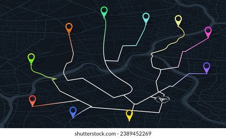 Multiple destinations from home. Gps tracking map. Track navigation pins on street maps, navigate mapping technology and locate position pin. Futuristic travel gps map or location navigator vector
