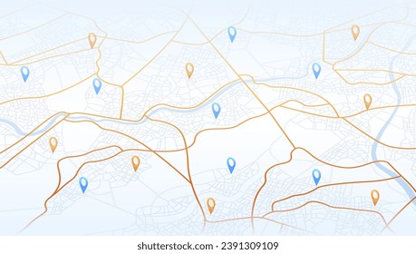 Multiple destinations from home. Gps tracking map. Track navigation pins on street maps, navigate mapping technology and locate position pin. Futuristic travel gps map or location navigator vector