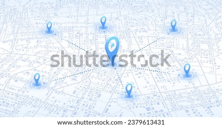 Multiple destinations from home. Gps tracking map. Track navigation pins on street maps, navigate mapping technology and locate position pin. Futuristic travel gps map or location navigator vector