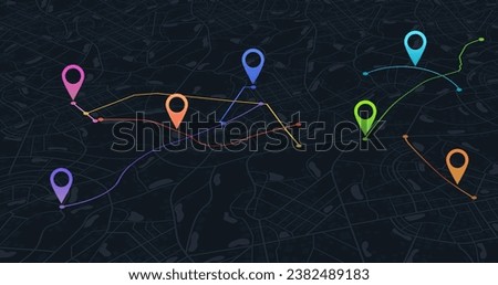 Multiple destinations from home. Gps tracking map. Track navigation pins on street maps, navigate mapping technology and locate position pin. Futuristic travel gps map or location navigator vector