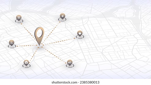 Multiple destinations, isometric. Gps tracking map. Track navigation pins on street maps, navigate mapping technology and locate position pin. Futuristic travel gps map or location navigator vector