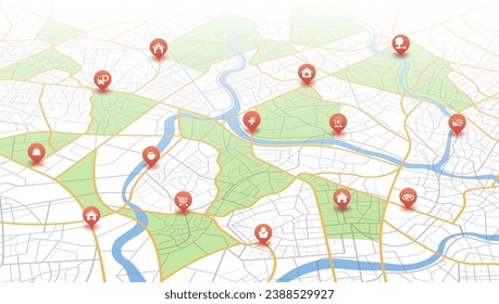 Múltiples destinos, isométricos. Mapa de seguimiento de Gps. Rastrear los pines de navegación en los mapas callejeros, navegar por la tecnología de mapeo y localizar el pin de posición. Navegador de localización o mapa de gps de viaje futurista