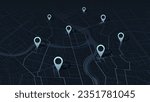 Multiple destinations, isometric. Map city with gps pins. Alternative way with location system. Urban map with pointers. Black background, information pointers, signs, arrows. Vector illustration.