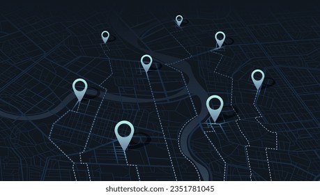 Multiple destinations, isometric. Map city with gps pins. Alternative way with location system. Urban map with pointers. Black background, information pointers, signs, arrows. Vector illustration.