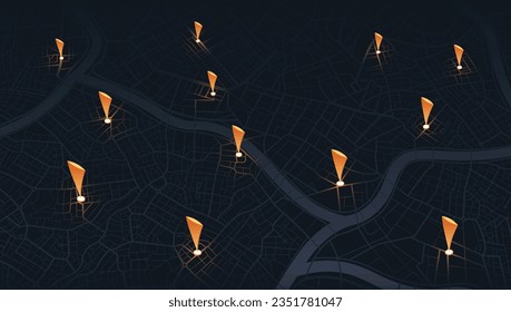 Multiple destinations, points Vector, iIsometric modern abstract map, perspective GPS navigator screen with street road, location. City top view. Colorful pines, geometric element, Online navigation.