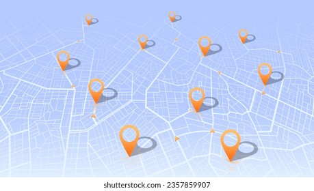 Multiple destinations, points Vector, iIsometric modern abstract map, perspective GPS navigator screen with street road, location. City top view. Colorful pines, geometric element, Online navigation.