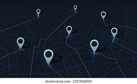 Multiple destinations, points Vector, iIsometric modern abstract map, perspective GPS navigator screen with street road, location. City top view. Colorful pines, geometric element, Online navigation.