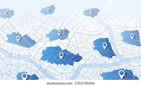 Múltiples destinos, puntos Vector, mapa abstracto isométrico moderno, perspectiva pantalla del navegador GPS con calle, ubicación. Vista superior de la ciudad. Pinos coloridos, elemento geométrico, navegación en línea.