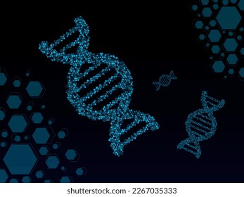 multiple dna strings in a futuristic low poly blue setting, made from floating hexagons
