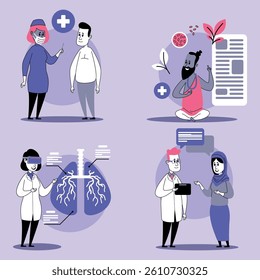 Multiple doctors interacting with patients in vibrant health care environment. Care, education, and health awareness focusing on various health topics