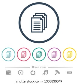 Multiple documents flat color icons in round outlines. 6 bonus icons included.