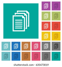 Multiple documents multi colored flat icons on plain square backgrounds. Included white and darker icon variations for hover or active effects.