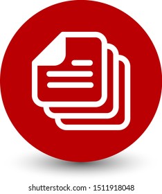 Multiple documents round vector icon in red circle isolated on white background
