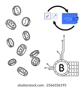 Multiple dollar and bitcoin coins floating, with a wallet showing exchange arrows, and a circuit-like bitcoin symbol. Ideal for cryptocurrency, digital finance, blockchain technology, investment