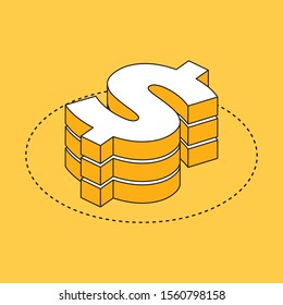 multiple dollar sign money symbol isometric dollar icon with yellow color and black out line vector background