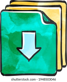 Multiple Download Arrow Icon In Watercolor Style. 
